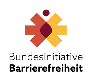 Das ist das Logo der Bundesinitiative Barrierefreiheit: 2 Pfeile die sich begegnen, links in Orange, rechts in Gelb.